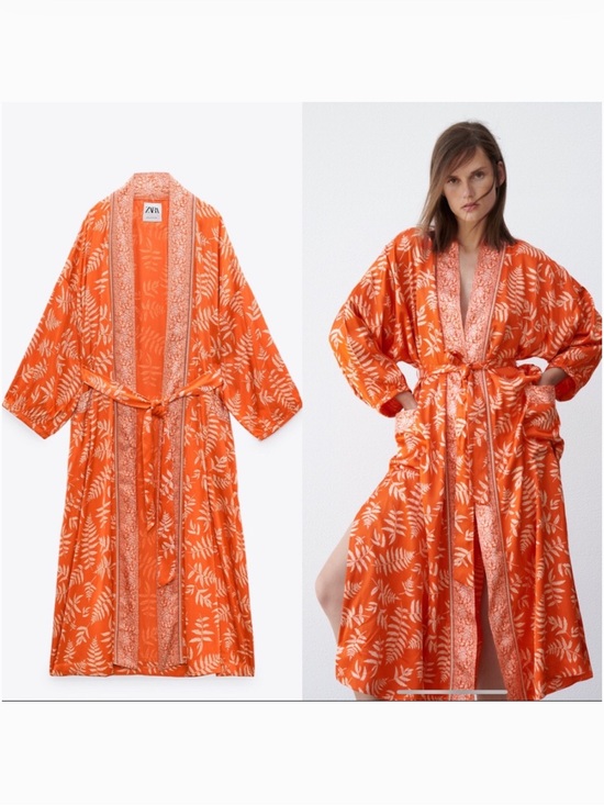 Zara Jackets & Blazers - Zara Hanoi orange and white leaf print satin long kimono with waist tie